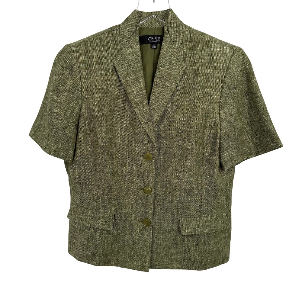 Kasper blazer womens 12 100% linen button front short sleeve career office olive